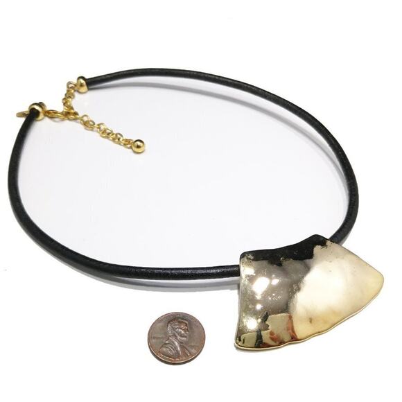 Chico's Gold Pendant Black Leather Necklace, Reflective Gold Tone, 20 Inches - Picture 4 of 8